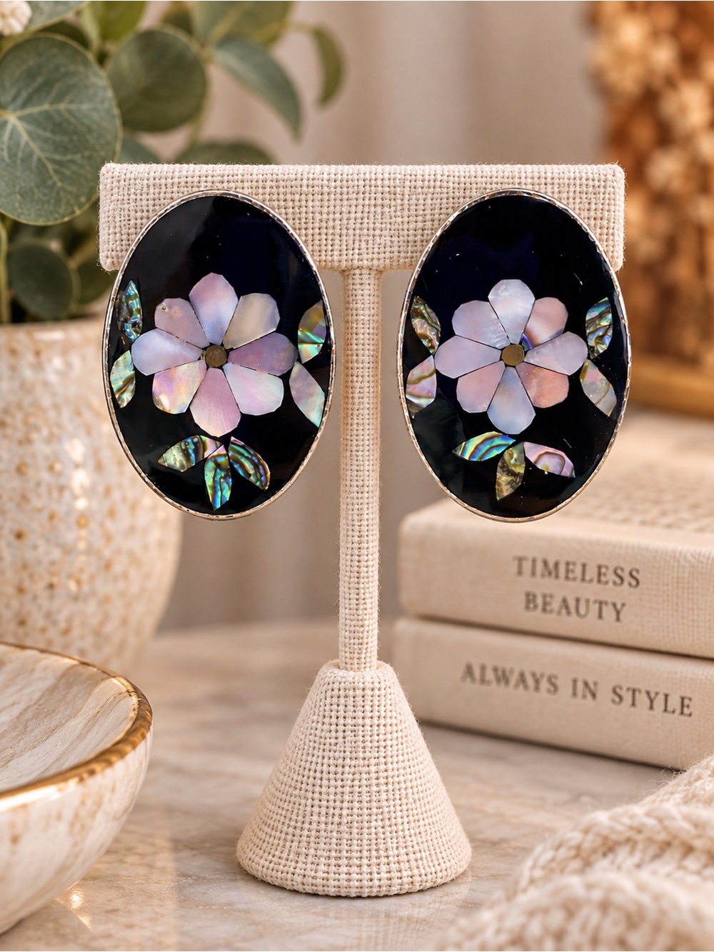 Alpaca Mexico Mother of Pearl Abalone Floral Clip On Earrings Statement Jewelry